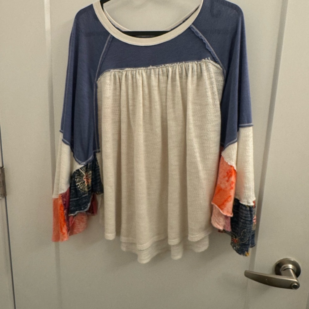We The Free Blue and Cream Blouse with Colorful Sleeves